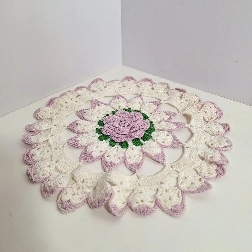 Hand Crocheted Lace Doily Flower Lavender White Green Purple Cotton 10 Inch - Picture 14 of 14